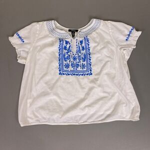 Style & Co Blouse Top Womens 3X White Blue Embroidered Peasant Bubble Hem *Flaw*